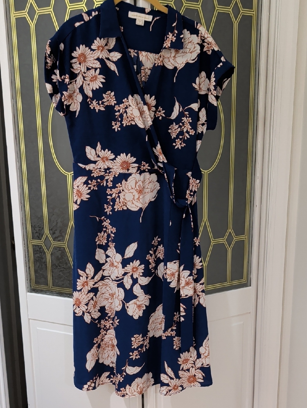 Monteau Navy Wrap Midi Dress with Cream Floral Motif